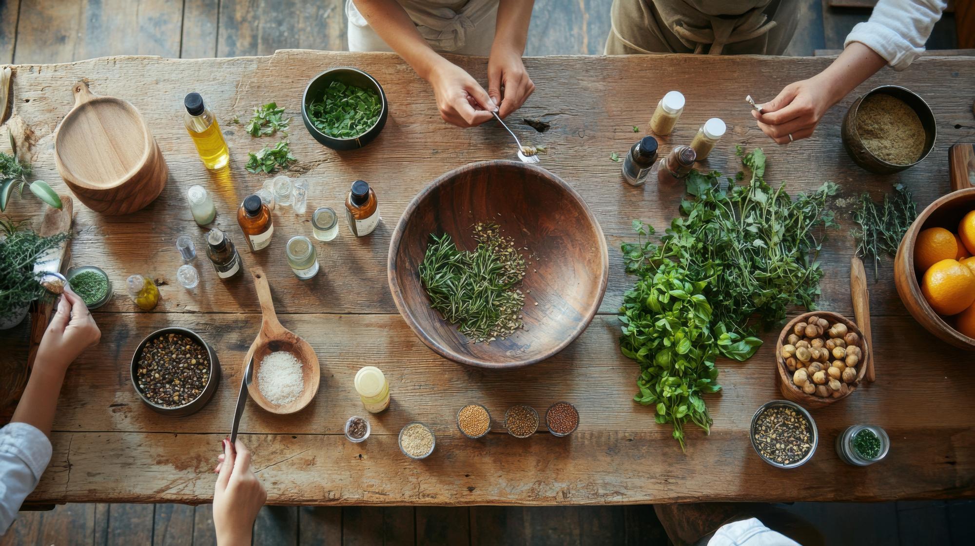 Cozy kitchen table with fresh ingredients and herbs